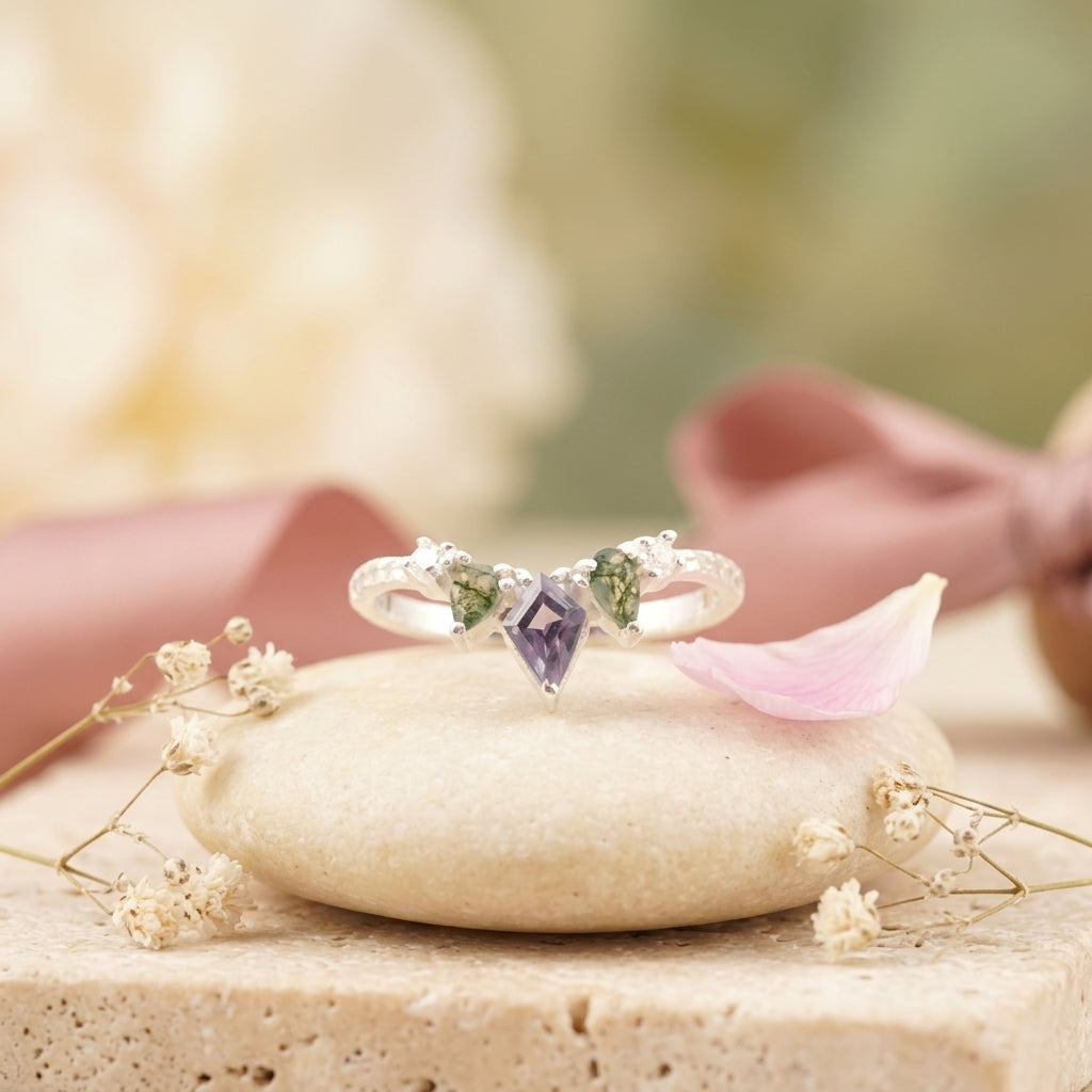 Kite Shaped Alexandrite 925 Sterling Silver Wedding Band
