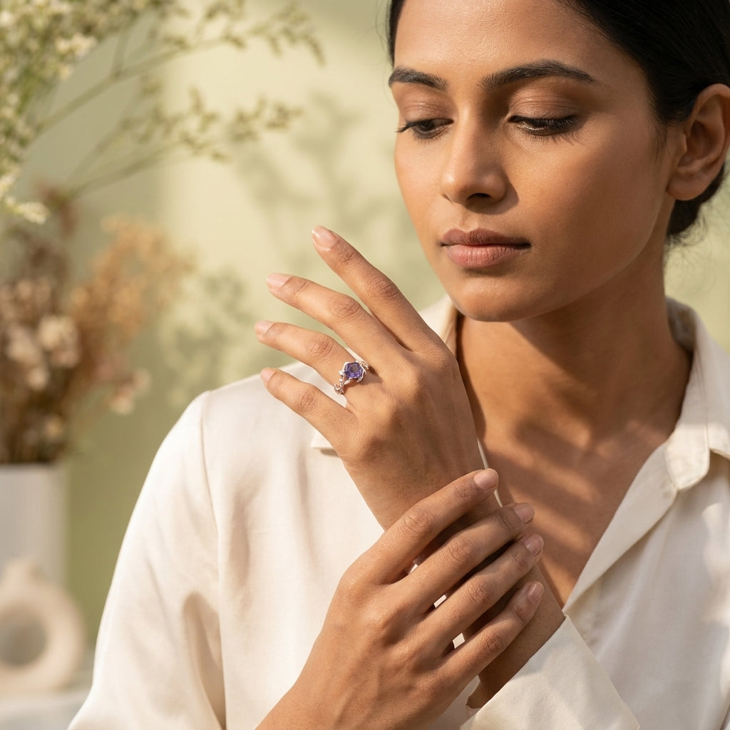Hexagon Cut Alexandrite Nature Inspired Leaf Engagement Ring With Model