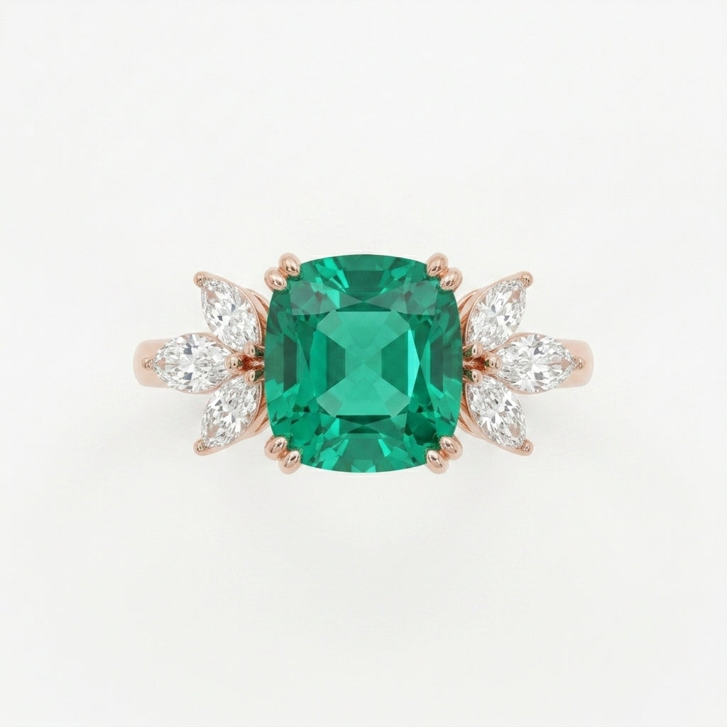 Green Emerald Marquise Diamond Cluster Engagement Ring