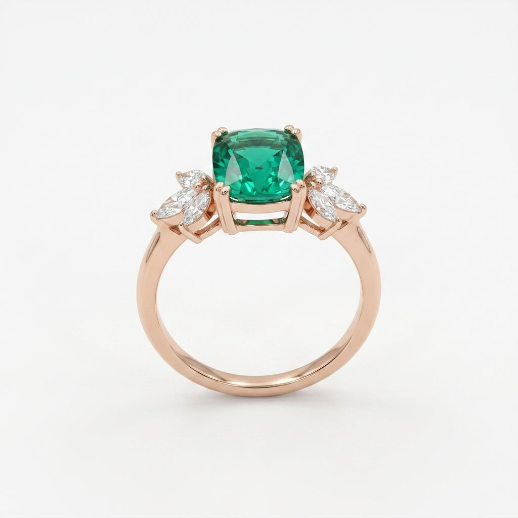 Green Emerald Marquise Diamond Cluster Engagement Ring