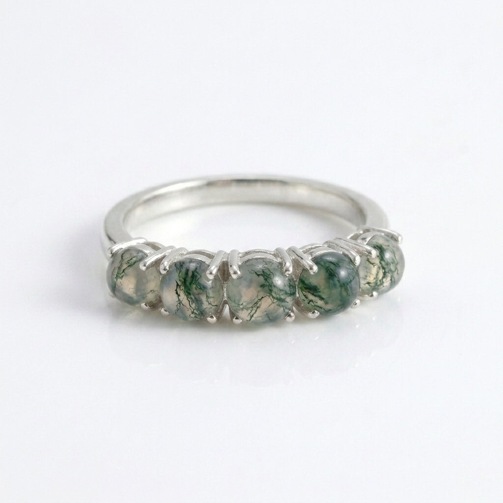 Moss Agate Wedding Band, 5 Stone Moss Agate Ring