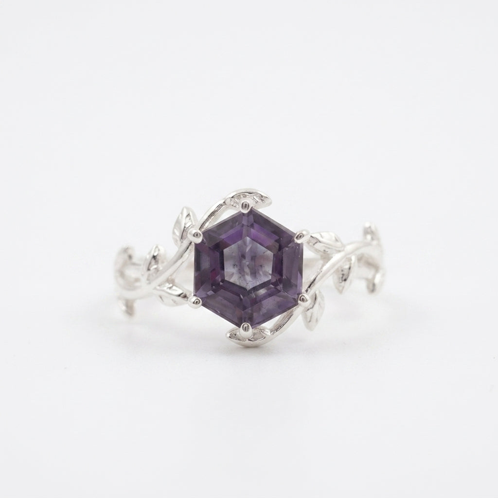 Hexagon Cut Alexandrite Nature Inspired Leaf Engagement Ring