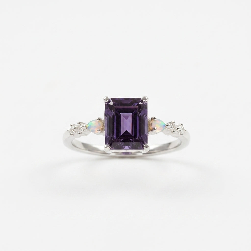 Emerald Cut Alexandrite And Fire Opal Engagement Ring