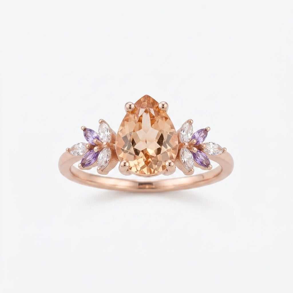 Pear Morganite Cluster Moissanite Alexandrite Ring
