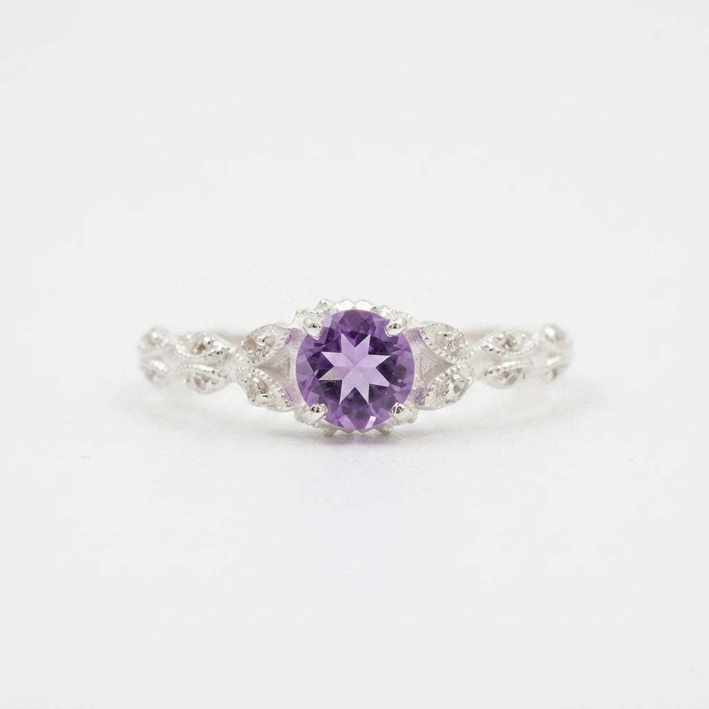 Round Cut Alexandrite 18k White Gold Dainty Engagement Ring