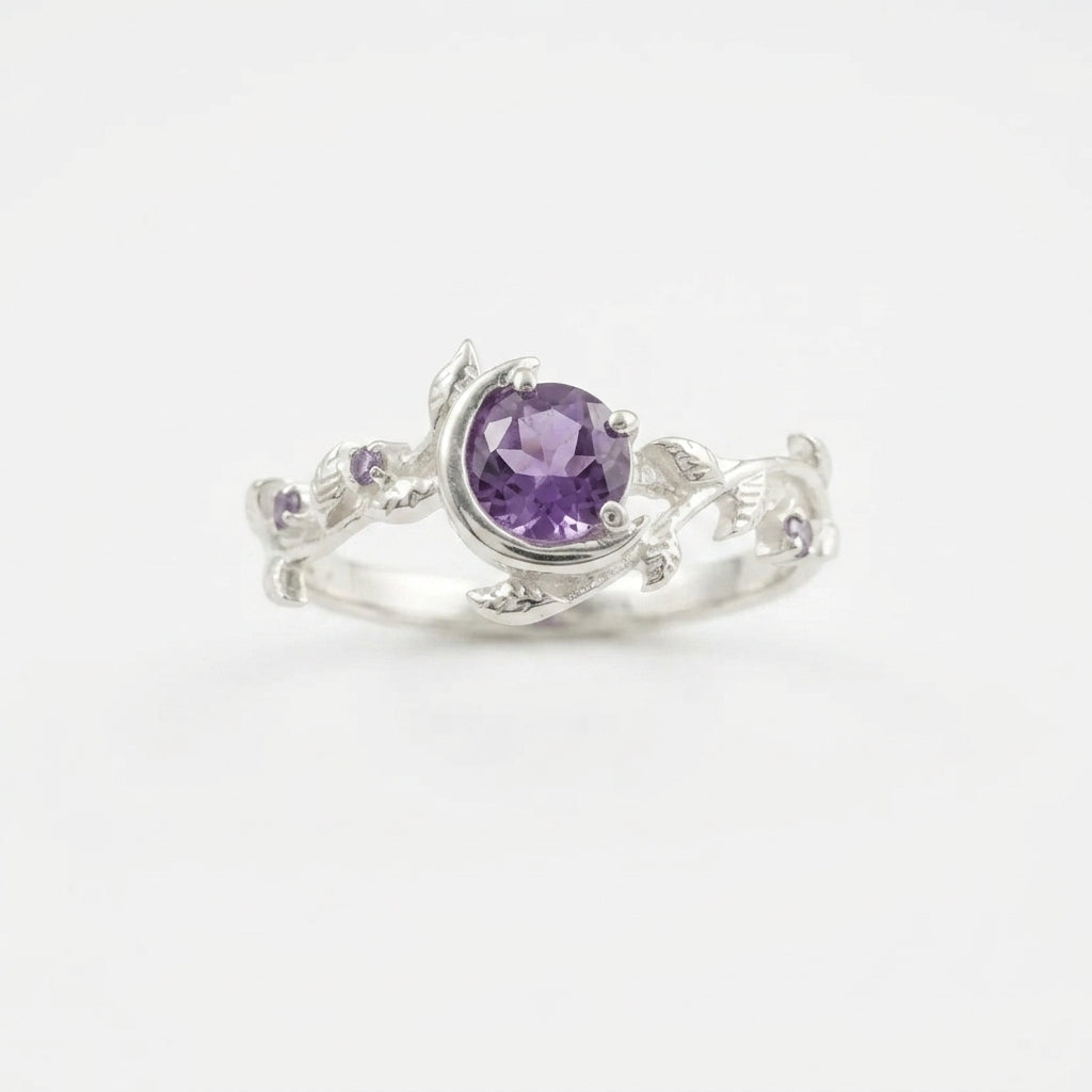 Alexandrite Moon Star Leaf Amethyst Engagement Ring