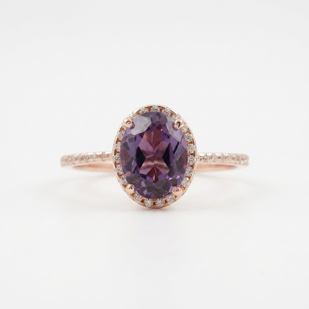 Oval Alexandrite Color-Change Stone 14K Rose Gold Halo Diamond Engagement Ring