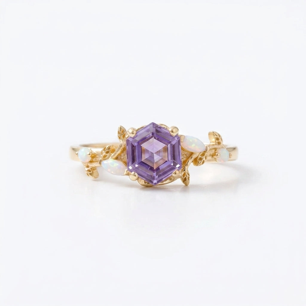 Hexagon Alexandrite Opal Engagement Ring