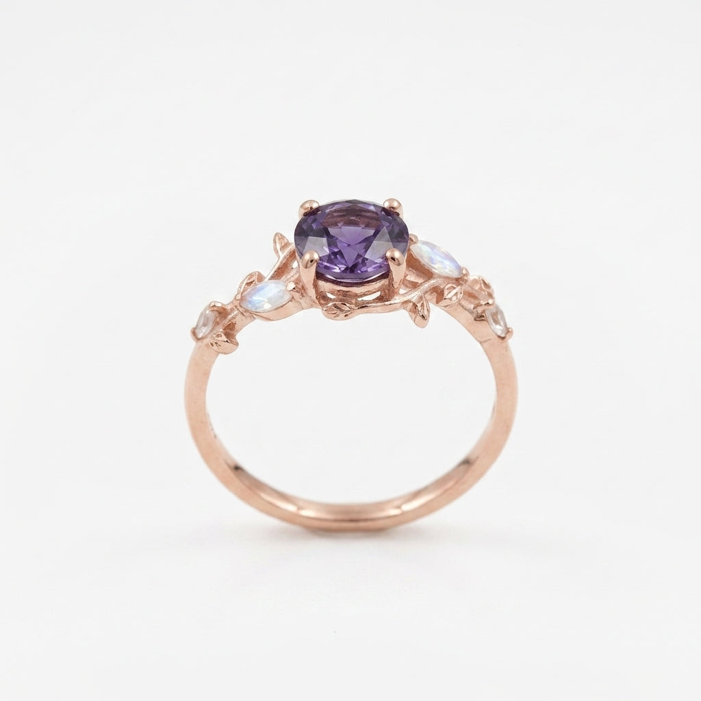 Round Alexandrite & Moonstone Inspired Leaf Design Engagement Ring