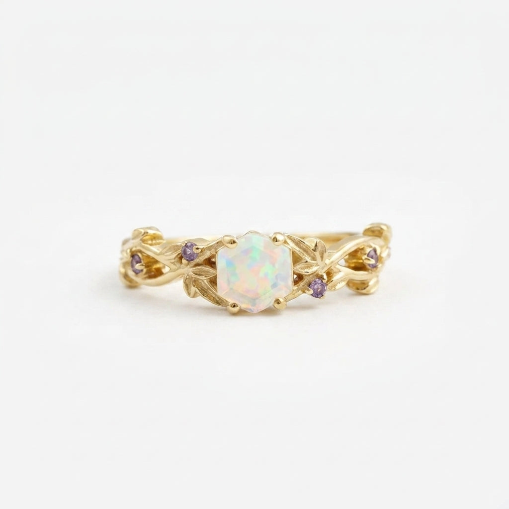 Hexagon Opal & Leaf Alexandrite Gold Engagement Ring