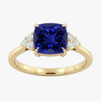 Cushion Blue Sapphire Engagement Ring With Trio Diamonds With Gold