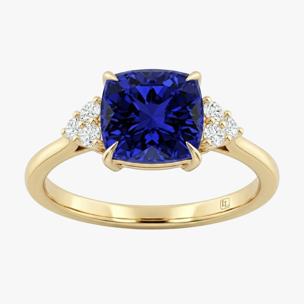 Cushion Blue Sapphire Engagement Ring With Trio Diamonds With Gold