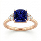 Cushion Blue Sapphire Engagement Ring With Trio Diamonds Rose Gold