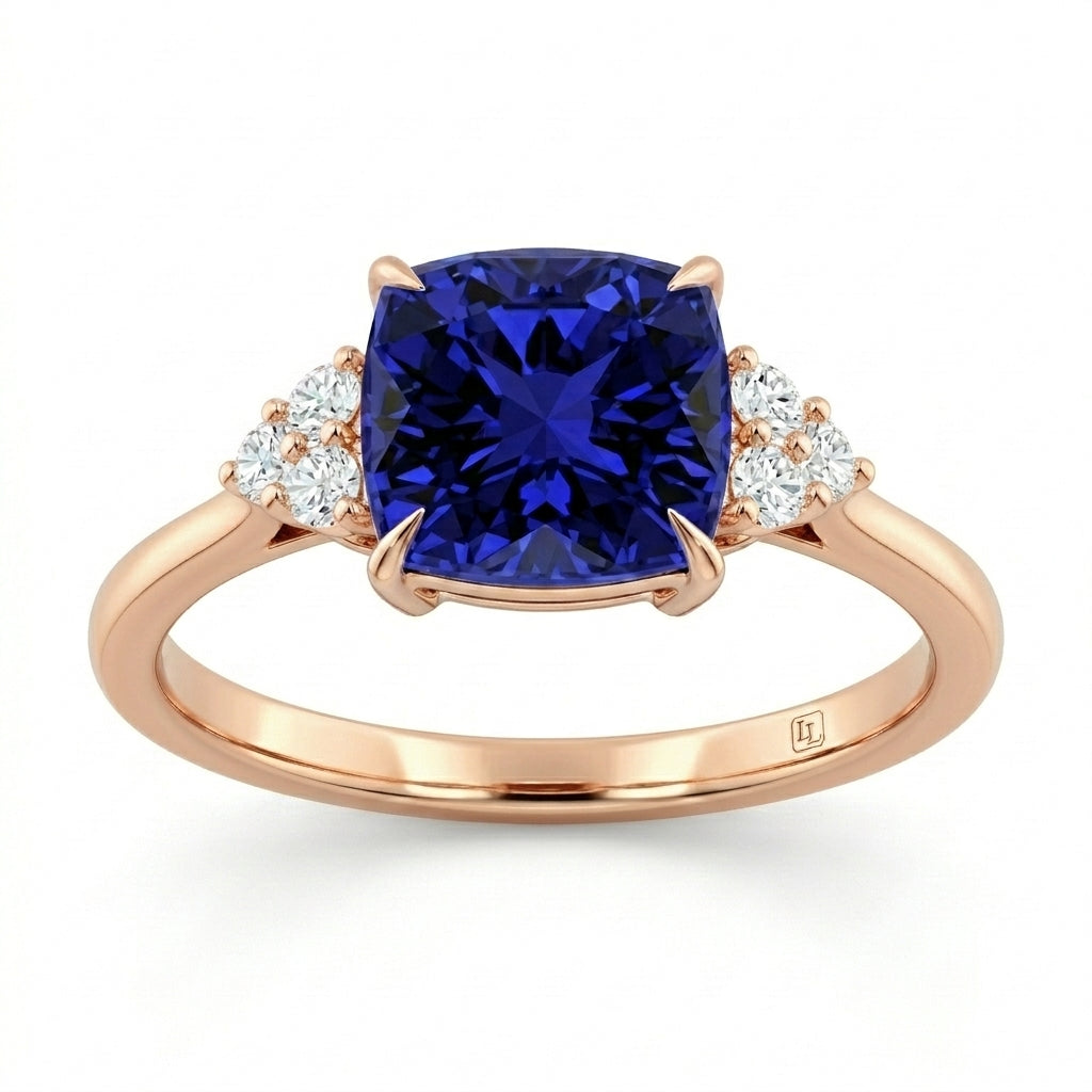 Cushion Blue Sapphire Engagement Ring With Trio Diamonds Rose Gold