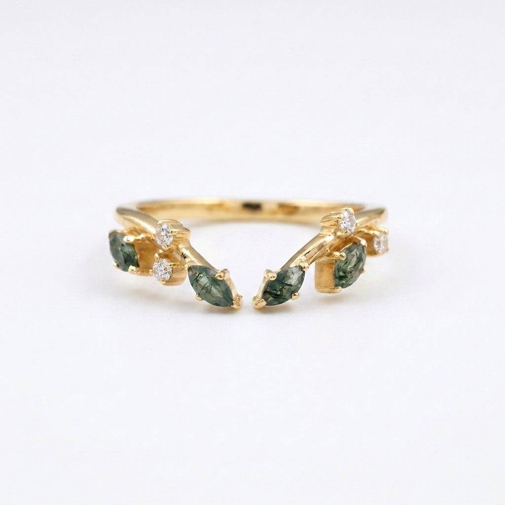 Natural Moss Agate Open Wedding Band With Gold Coated
