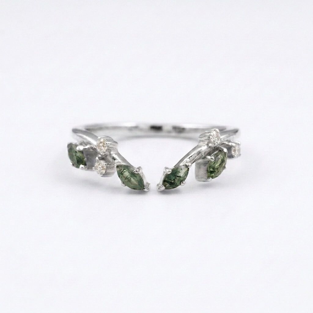 Natural Moss Agate Open Wedding Band With Silver Coated
