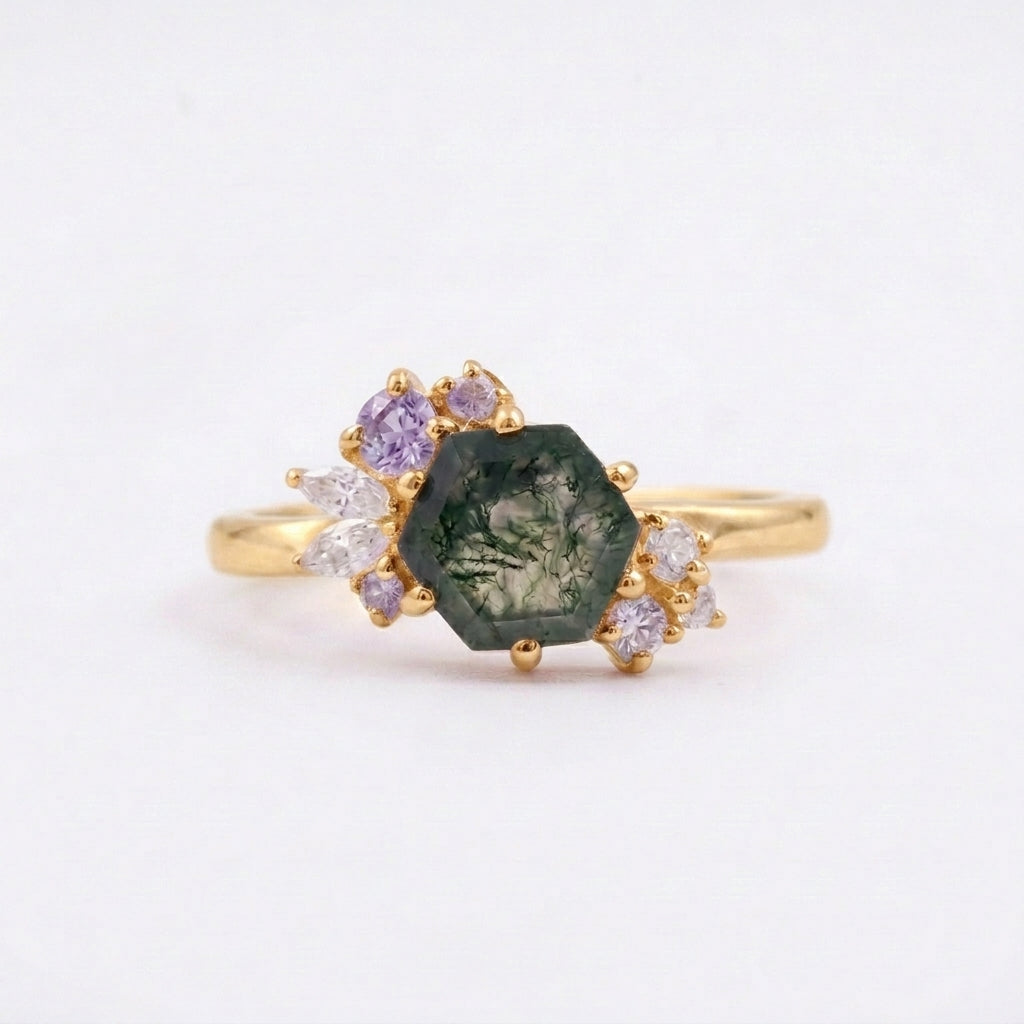 Hexagon Cut Moss Agate Cluster Art Deco Ring Gold Plated