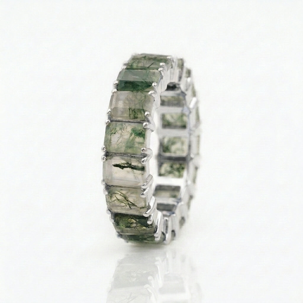 Baguette Cut Moss Agate Wedding Band With Silver Plated