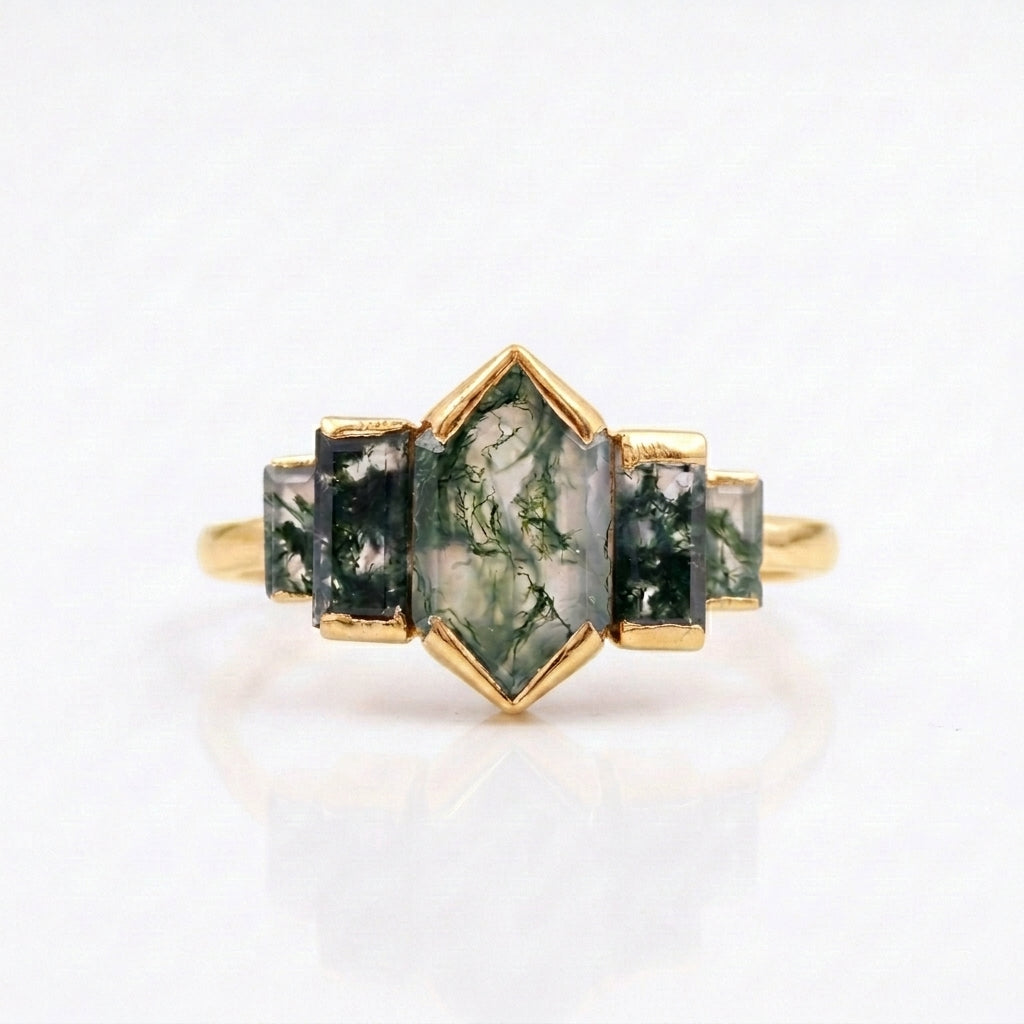 Bezel Set Moss Agate Hexagon Engagement Ring
