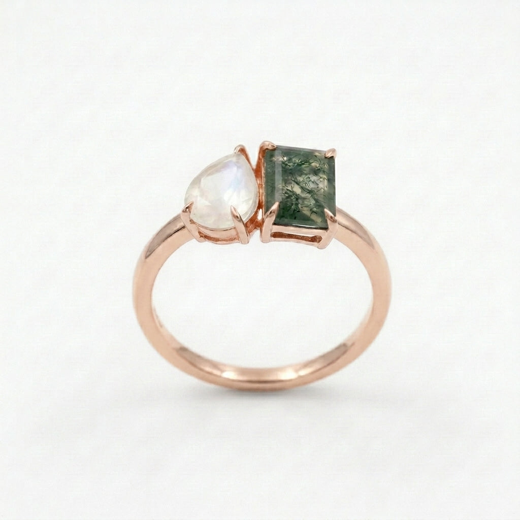 Double Stone Moss Agate And Moonstone Toi Et Moi Engagement Ring Rose GOld Coated