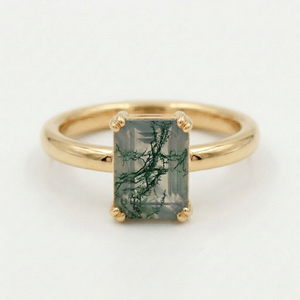 Emerald Cut Moss Agate Solitaire Ring