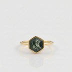 Hexagon Cut Moss Agate Bezel Set Engagement Ring With Gold Plated