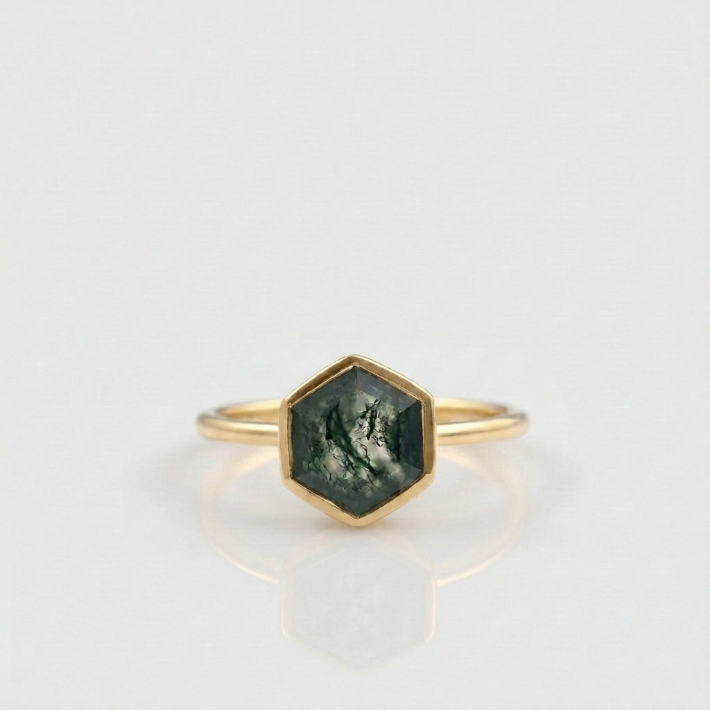 Hexagon Cut Moss Agate Bezel Set Engagement Ring With Gold Plated