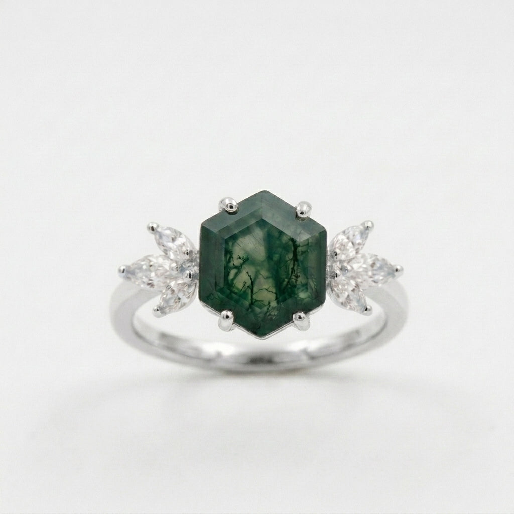Hexagon Cut Moss Agate Marquise CZ Cluster Engagement Ring With Silver