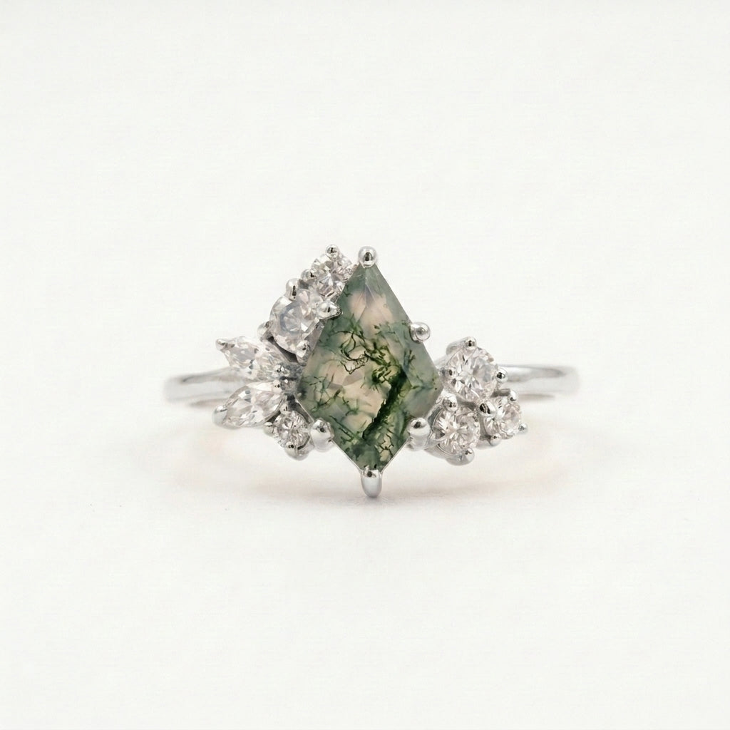 Kite Cut Moss Agate Cluster Diamond Engagement Ring With Silver Plated