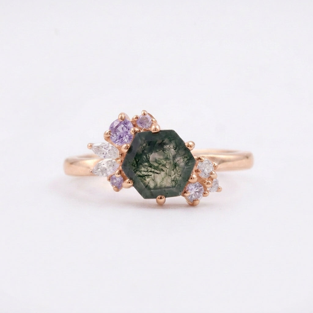 Hexagon Cut Moss Agate Cluster Art Deco Ring Rose Gold Plated