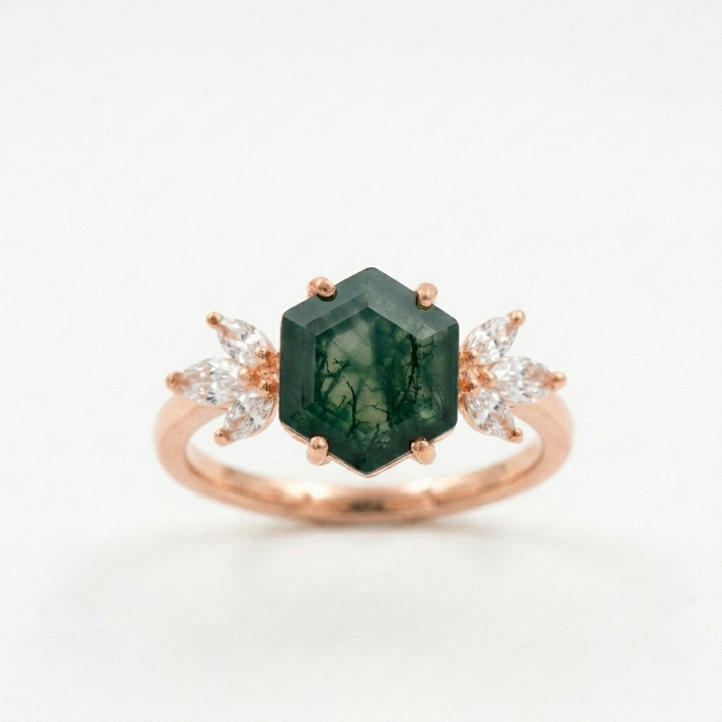 Hexagon Cut Moss Agate Marquise CZ Cluster Engagement Ring With ROse Gold Plated
