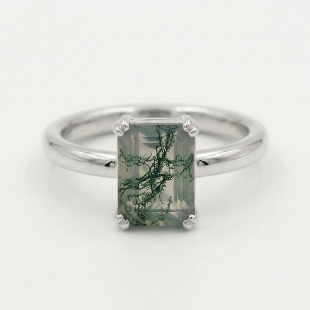 Emerald Cut Moss Agate Solitaire Ring