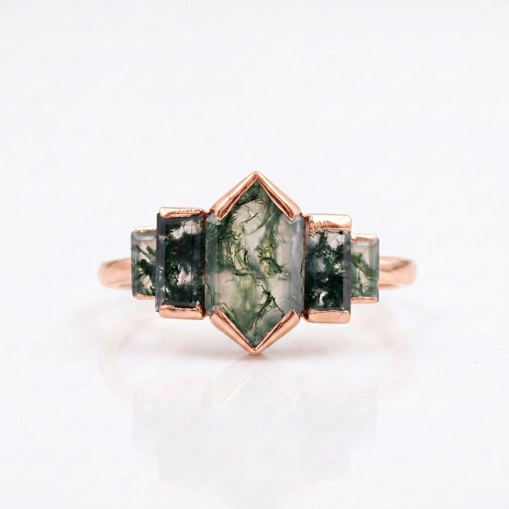 Bezel Set Moss Agate Hexagon Engagement Ring