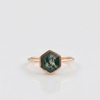 Hexagon Cut Moss Agate Bezel Set Engagement Ring With Rose Gold Plated