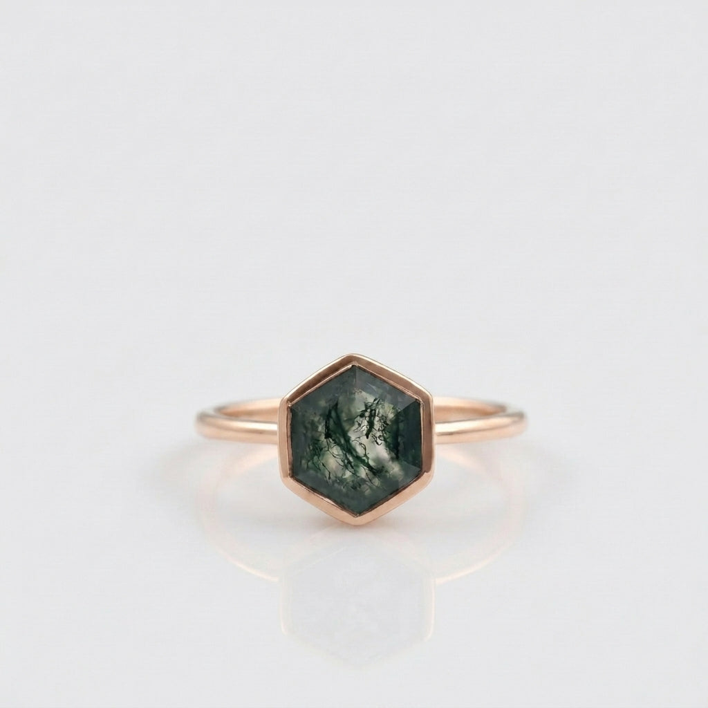 Hexagon Cut Moss Agate Bezel Set Engagement Ring With Rose Gold Plated