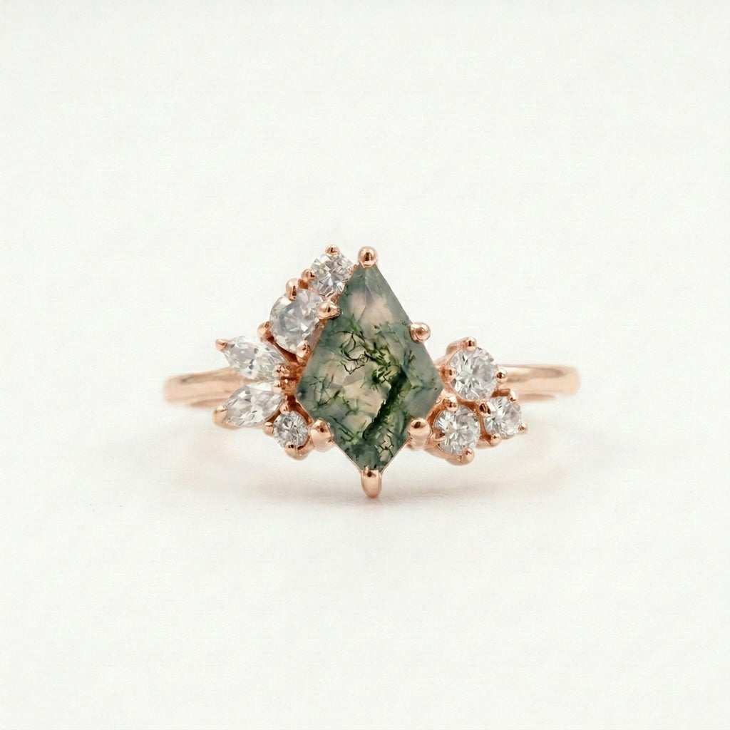 Kite Cut Moss Agate Cluster Diamond Engagement Ring Rose Gold plated