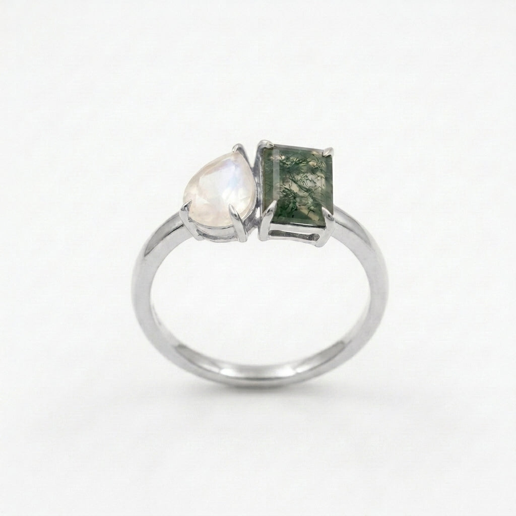 Double Stone Moss Agate And Moonstone Toi Et Moi Engagement Ring Silver Coated