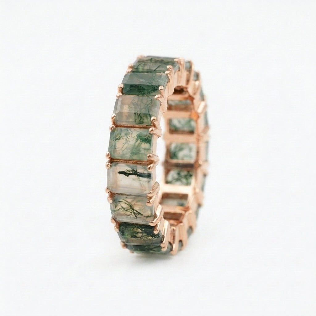 Baguette Cut Moss Agate Wedding Band 10K Sold Gold Rose Gold Plated