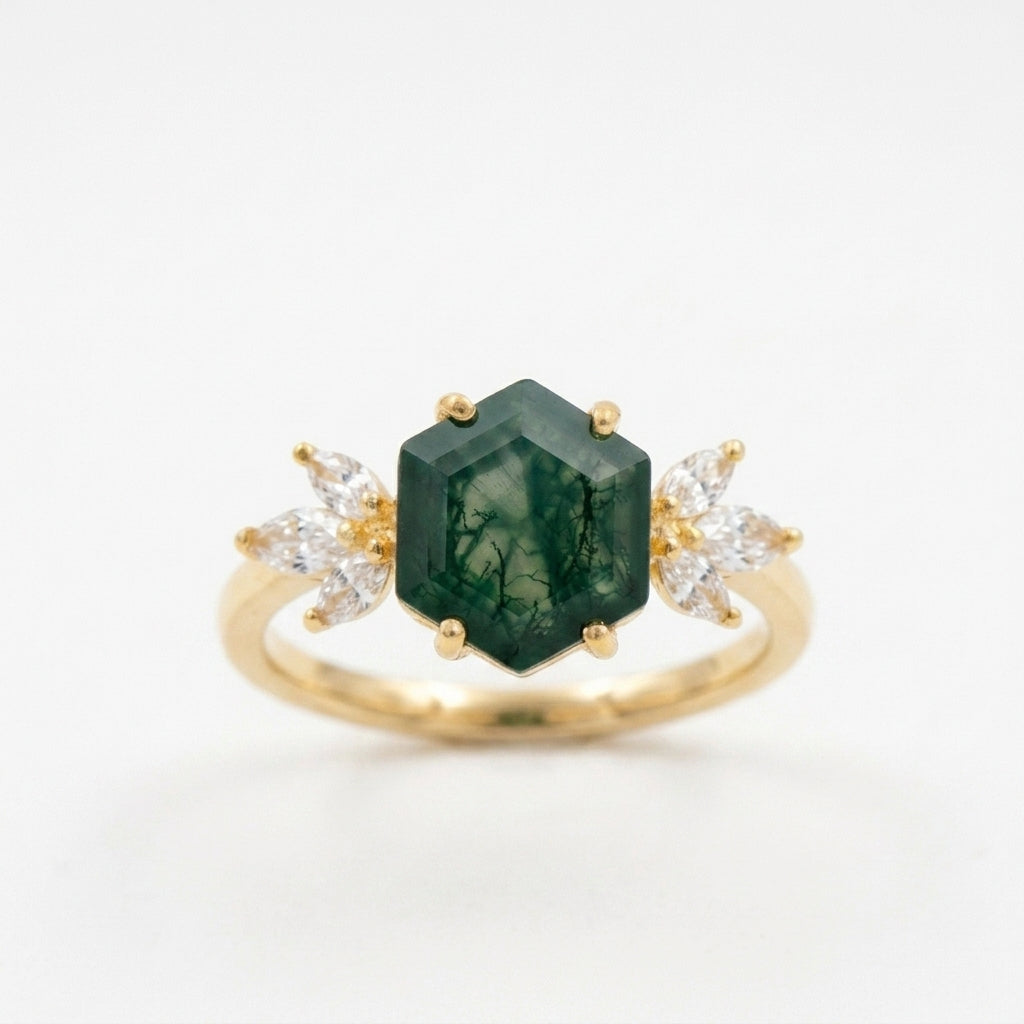 Hexagon Cut Moss Agate Marquise CZ Cluster Engagement Ring With Gold Plated
