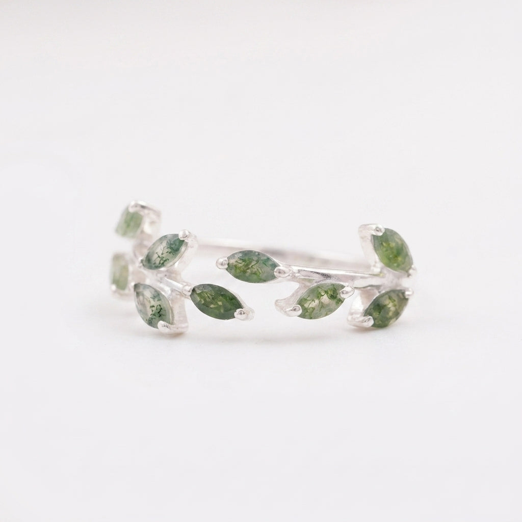 Leaf Moss Agate 925 Sterling Silver Wedding Band For Women With Silver Coated