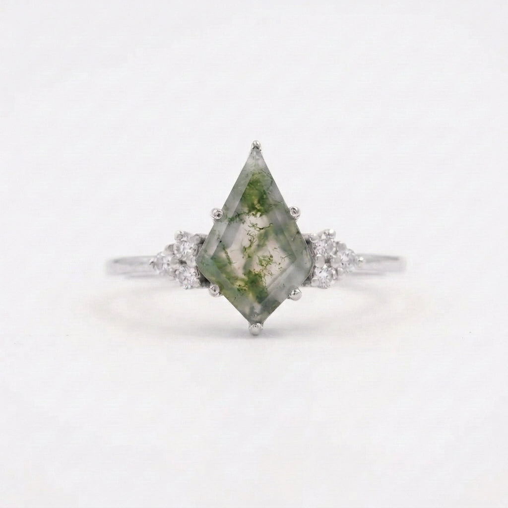 Kite Shaped Moss Agate Engagement Ring With Sliver Plated