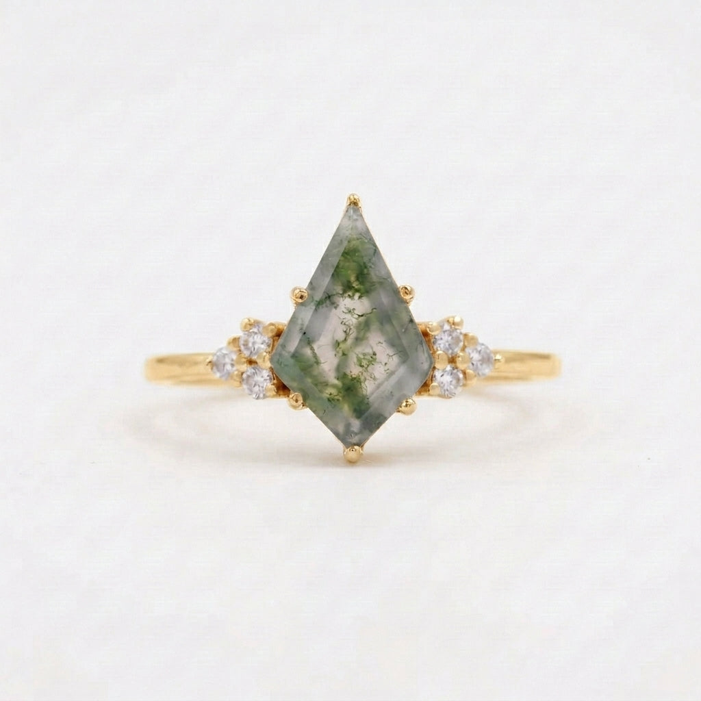 Kite Shaped Moss Agate Engagement Ring Gold  Plated