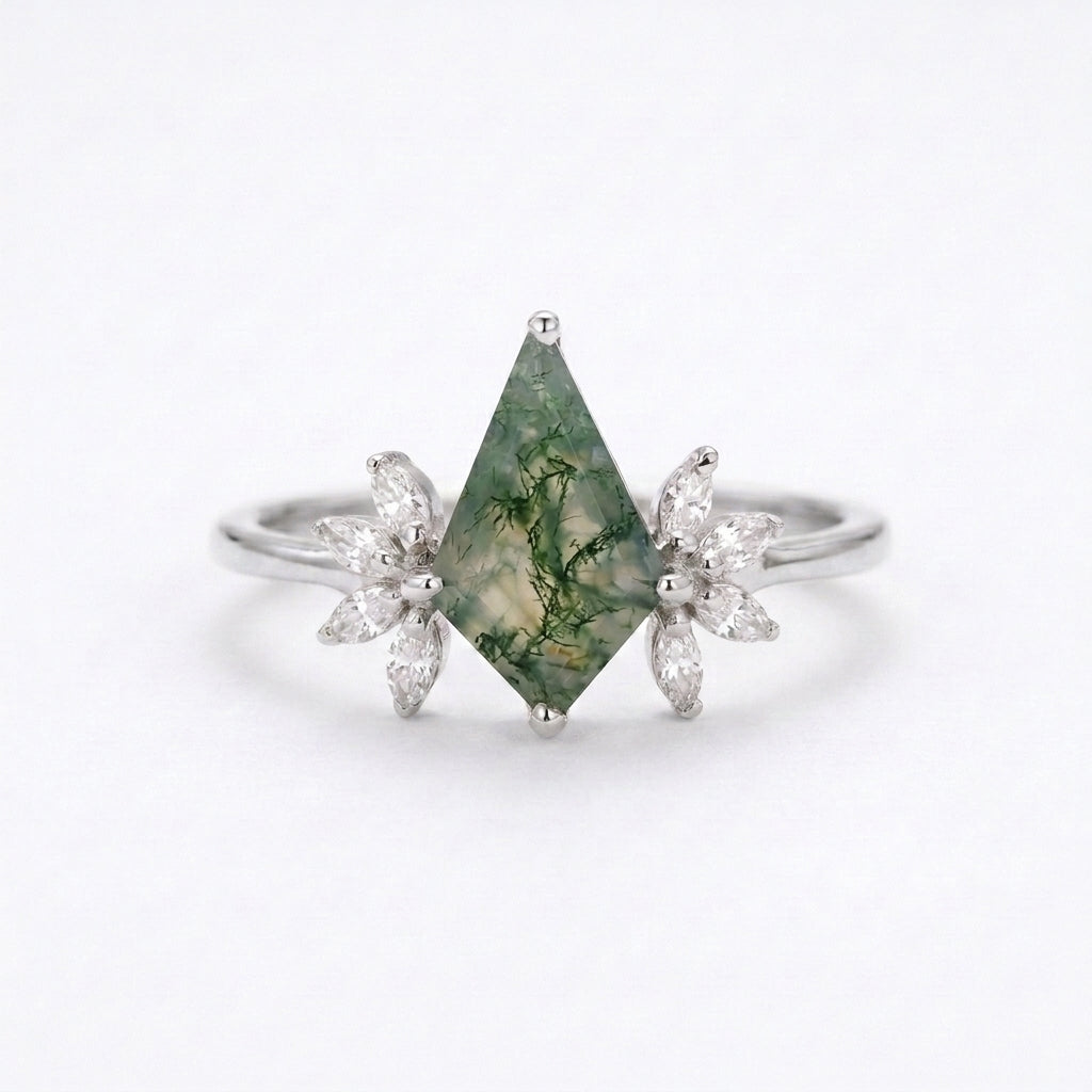 Kite Shaped Moss Agate Marquise Diamond Engagement Ring Silver Plated