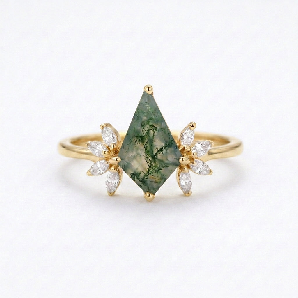 Kite Shaped Moss Agate Marquise Diamond Engagement Ring Gold Plated