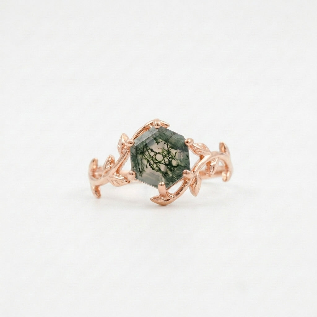 Moss Agate Leaf Hexagon Engagement Ring With Rose Gold Plated