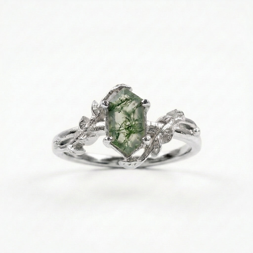 Long Hexagon Cut Moss Agate Leaf Solitaire Ring With Silver coated