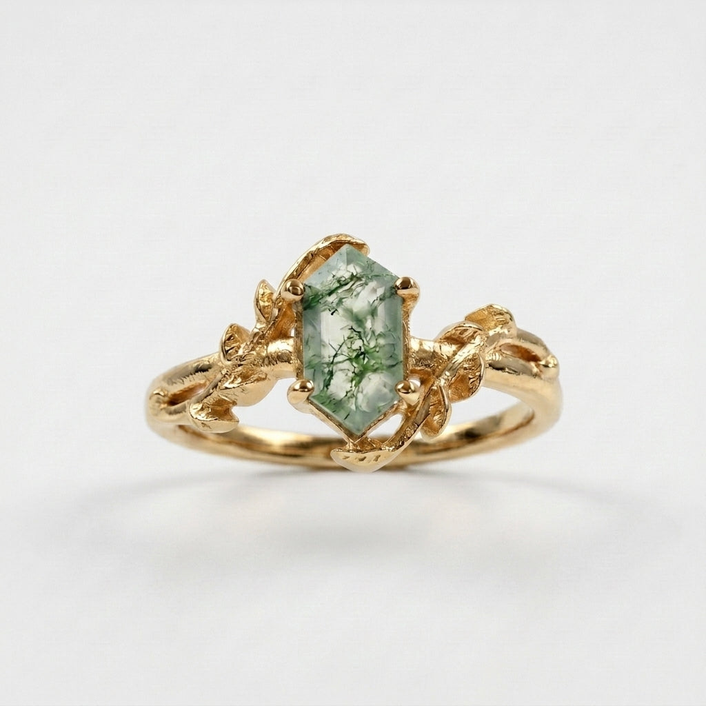 Long Hexagon Cut Moss Agate Leaf Solitaire Ring Gold Coated