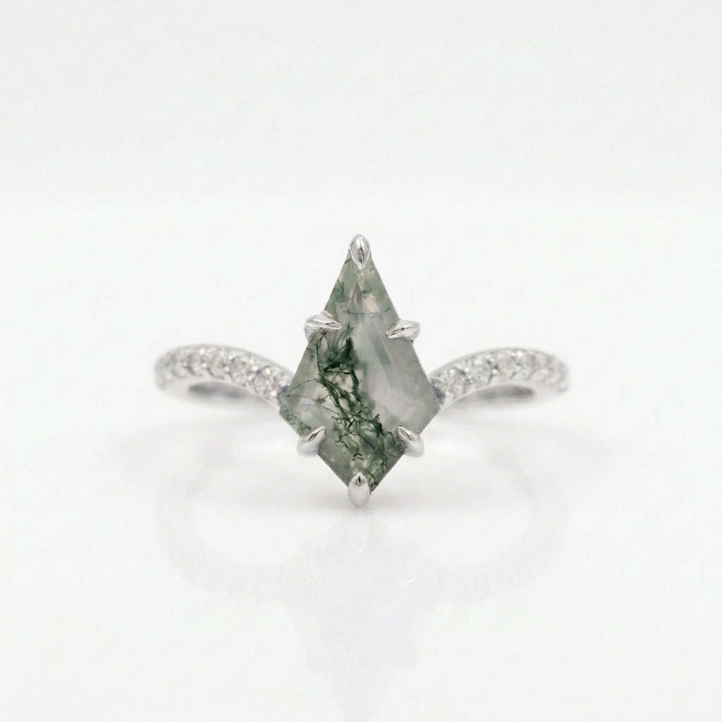 Kite Moss Agate Halo Diamond Engagement Ring With Silver Coating
