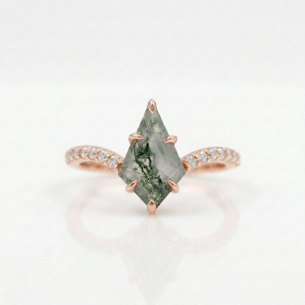 Kite Moss Agate Halo Diamond Engagement Ring With Rose Gold Plated