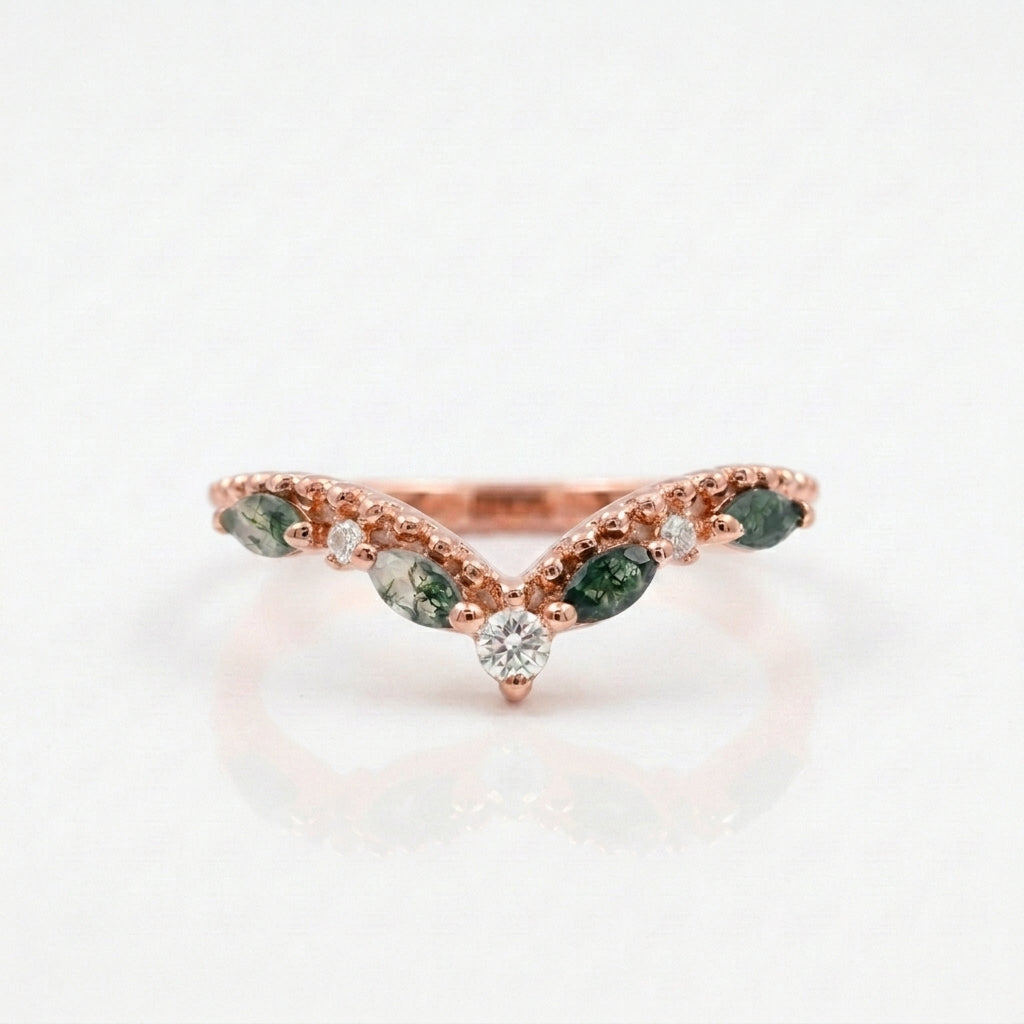 Marquise Moss Agate Wedding Band 925 Sterling Silver Ring Rose Gold PLated